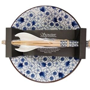 Signature Blue Floral Ceramic Ramen Noodle Bowl 42oz With Chopsticks And Spoons‎